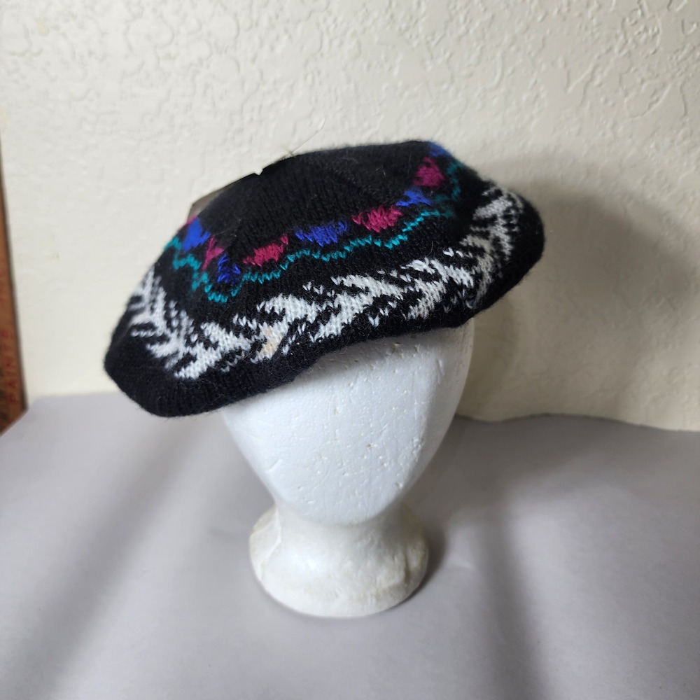 Hansen Cloudspun Vintage Knit Beret Hat Black Fair Isle Pattern Multi Color